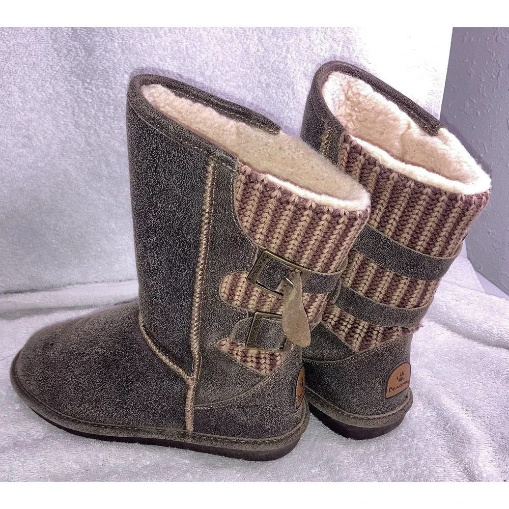 Bearpaw Womens Boots‎ Size 7 Brown Knit Mid Calf Sheepskin Lined Winter Cozy